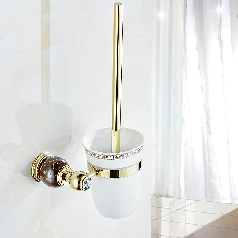 

European Gold Copper Polished Toilet Brush Holder Vintage Plating Jade Base Toilet Brush Set Wall Mount Bathroom Accessories Set