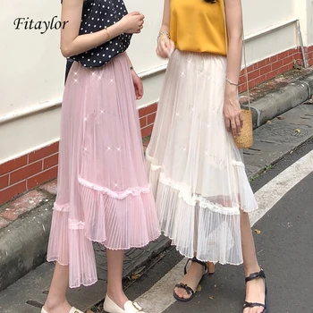 

Fitaylor Summer New Irregularity Mesh Skirts Sweet High Waist Slim Pleated Long Skirts Women