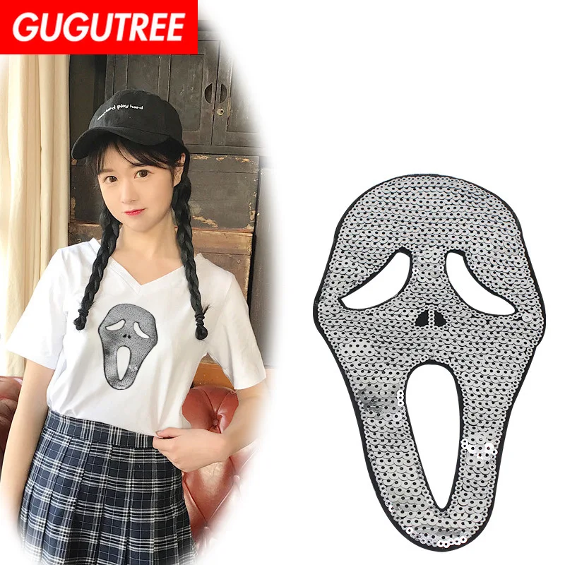 

GUGUTREE embroidery Sequins big grimace patches face patches badges applique patches for clothing XC-147