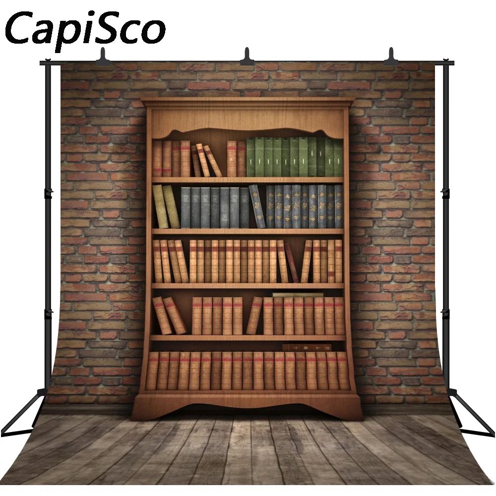 

Capisco Wooden Bookshelf Books Scene Photography Backdrops Brick wall Backdrop Custom Camera Backgrounds For Photo Studio