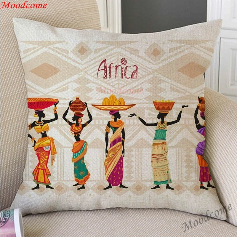 

Home Decorative African Style Nordic Sofa Throw Pillow Case Black Girl Woman Africa Art Cotton Linen Car Pillow Cushion Cover