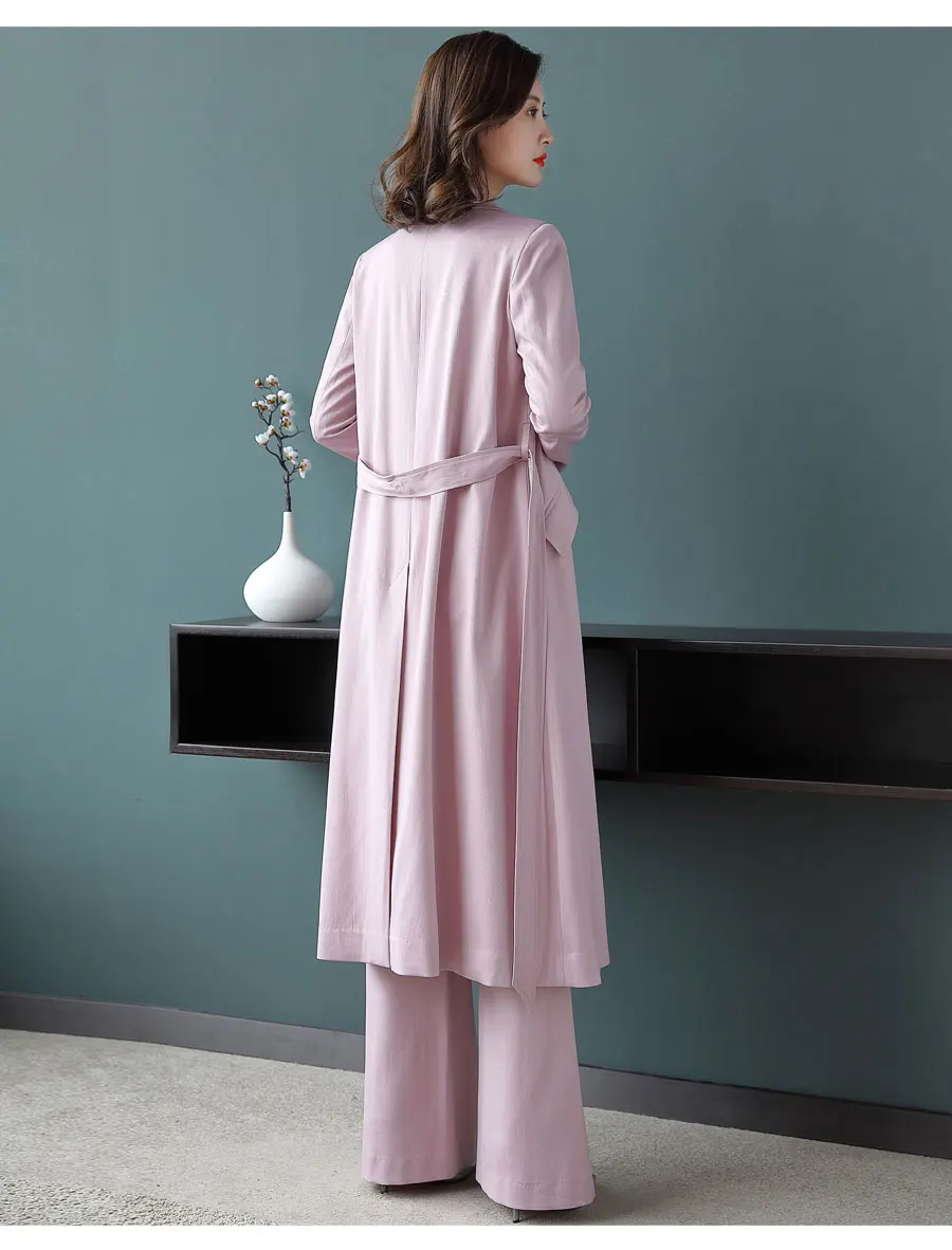 Весенний женский Модный комплект из двух предметов, розовый длинный Тренч для деловой женщины и широкие штаны, костюм