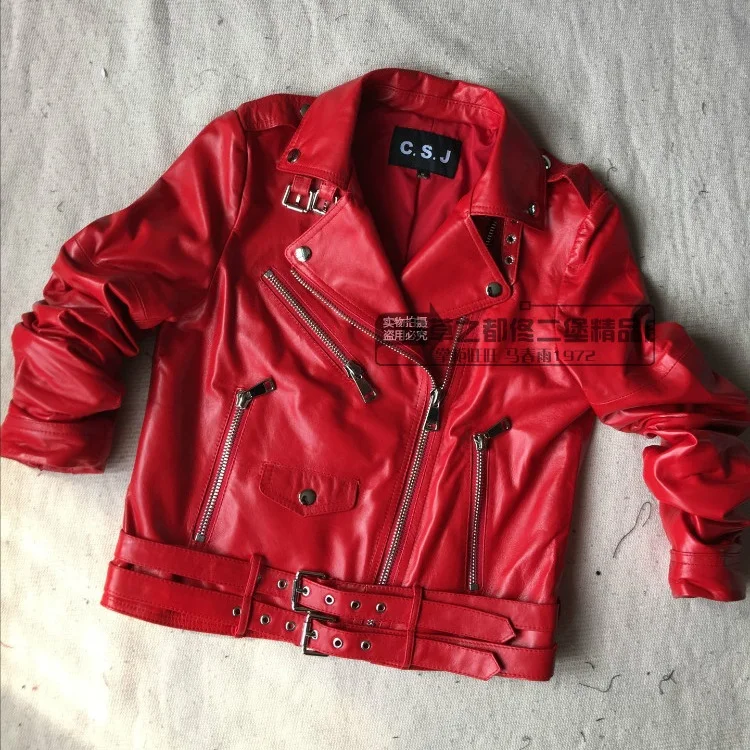 Hot Red Genuine Leather Jacket Women Motorcycle Jacket -2375