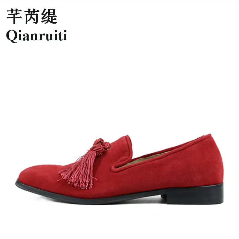 

Qianruiti Men's Red Suede Shoes Slip-on Loafers Fringed Flat Italy Street Casual Shoes for Men EU39-EU46 Black Yellow Purple