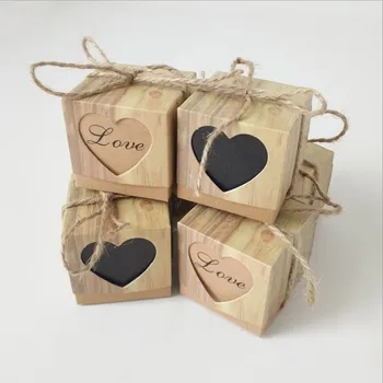 

100 Sets Wedding Bonbonniere Love Hearts Rustic Kraft Bark Candy Boxes with Burlap Chic Vintage Twine Wedding Favor Gift Box