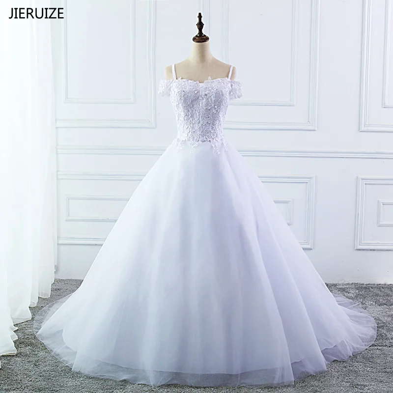 

JIERUIZE White Lace Appliques Ball Gown Wedding Dresses 2018 Off the Shoulder Short Sleeves Cheap Wedding Gowns robe de mariee