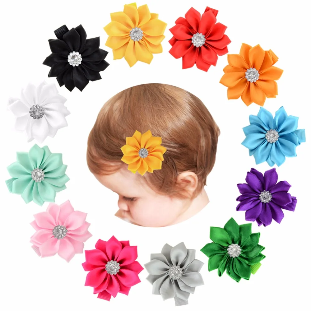 

12pcs/lot 1.9'' Handmade Satin Ribbon Multilayers Flower Sew With Rhinestone With Whole Wrapped Safety Hair Clips Accessory 830