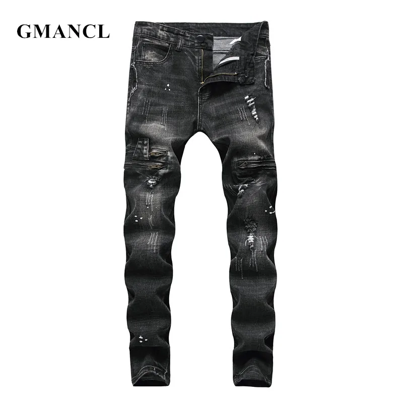 GMANCL Ripped Men Slim Fashion Vintage Swag Biker Jeans Straight