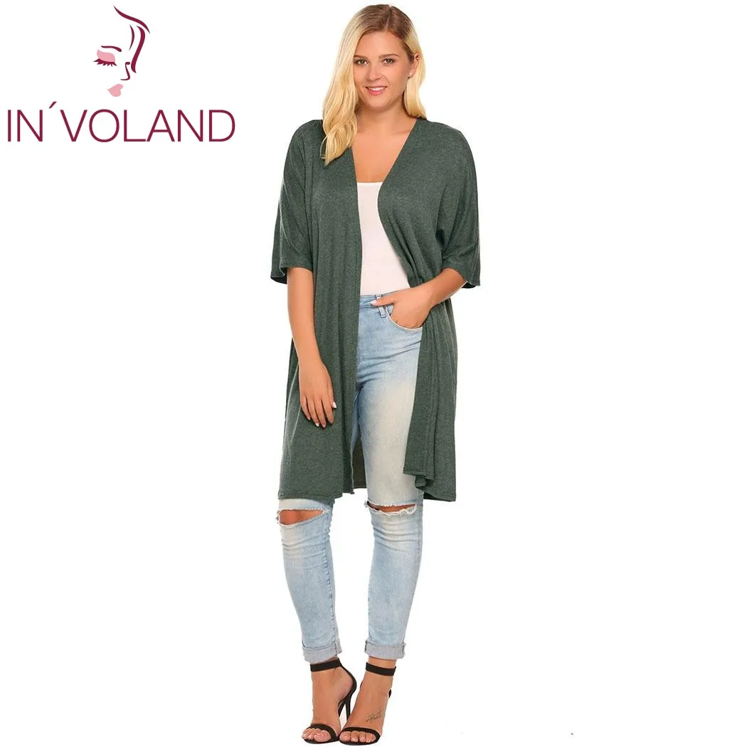 

IN'VOLAND Women Cardigan Jacket Plus Size L-4XL Spring Autumn Casual Half Sleeve Solid Sweater Open Front Coat Tops Big Size