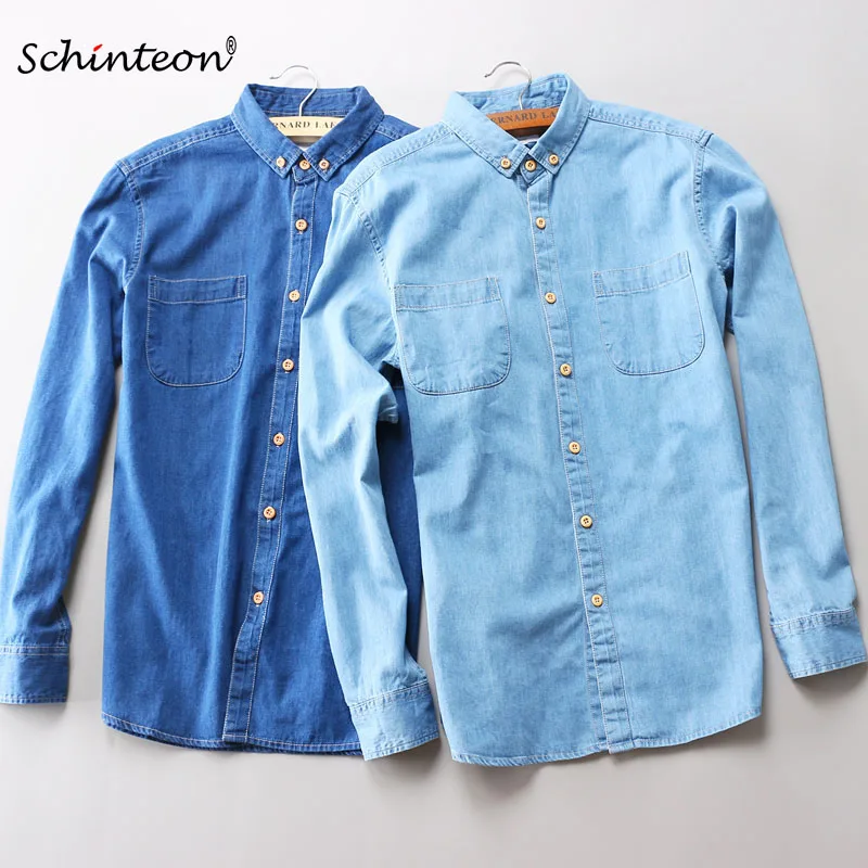 

Two Front Pockets Spring Autumn Men Denim Shirt Long Sleeve Soft 100% Cotton Slim Jeans Cowboy Slim Shirt 4XL