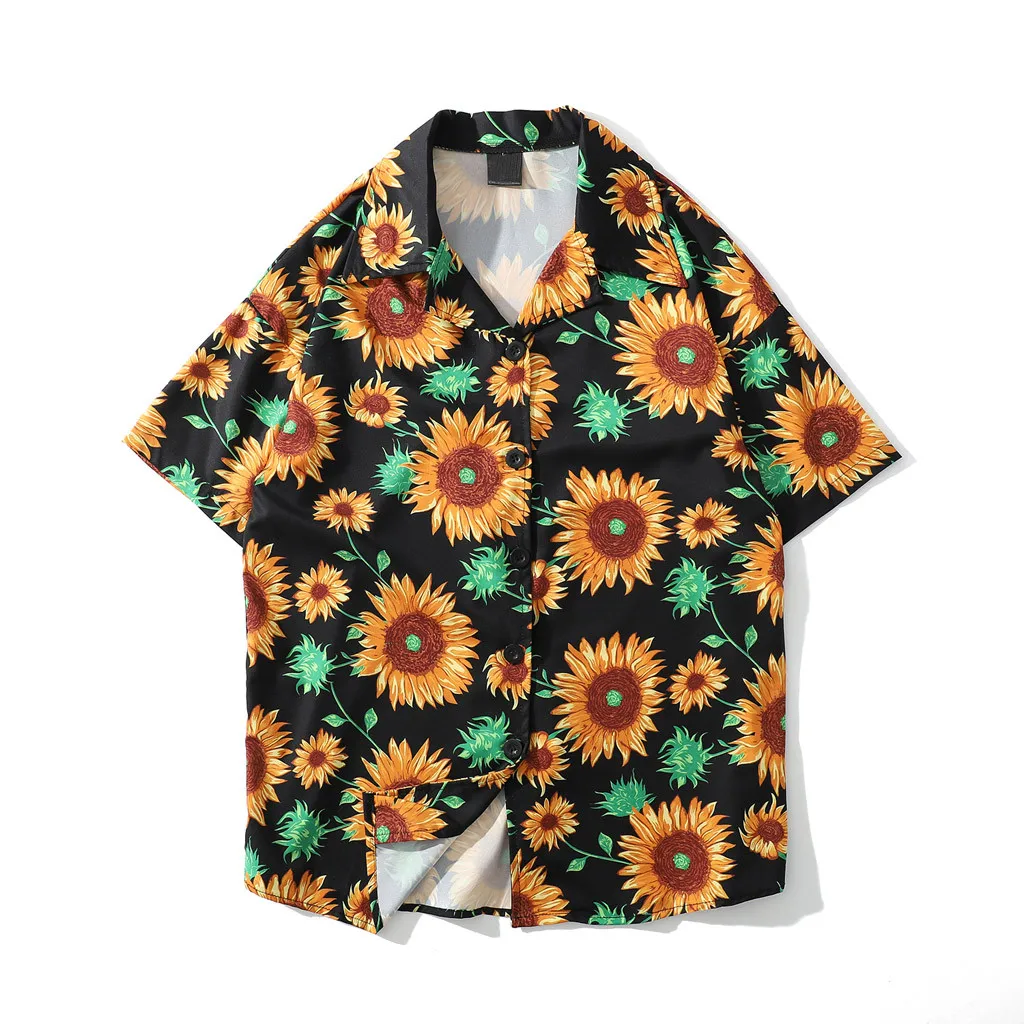  Womail Fashion Plus Size Shirts Mens Summer Sunflower Pattern Shirts Casual Short Sleeve Beach Loos