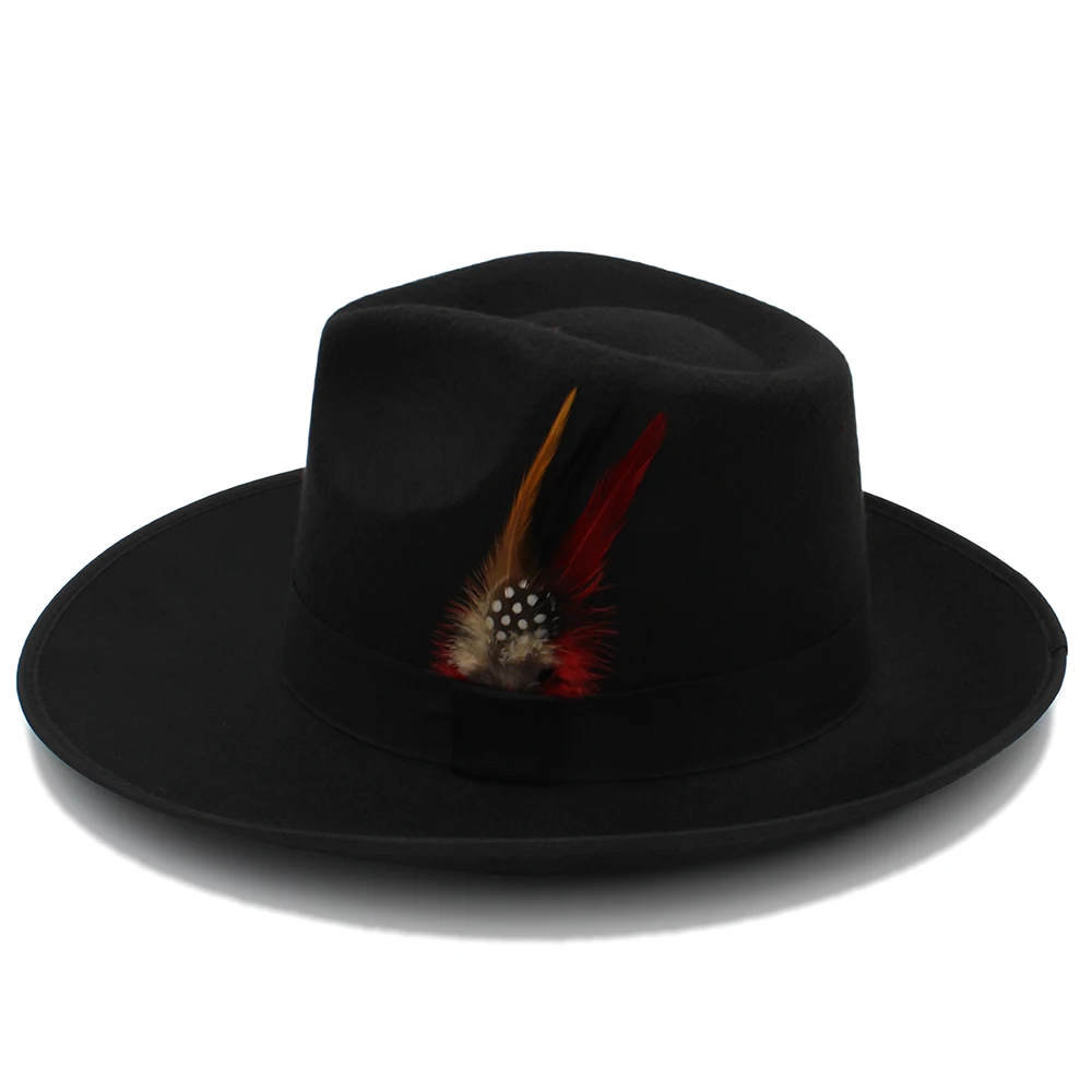 Унисекс Ретро стиль шерсть Fedora Derby шляпа-трилби черная лента перья фазана бантик