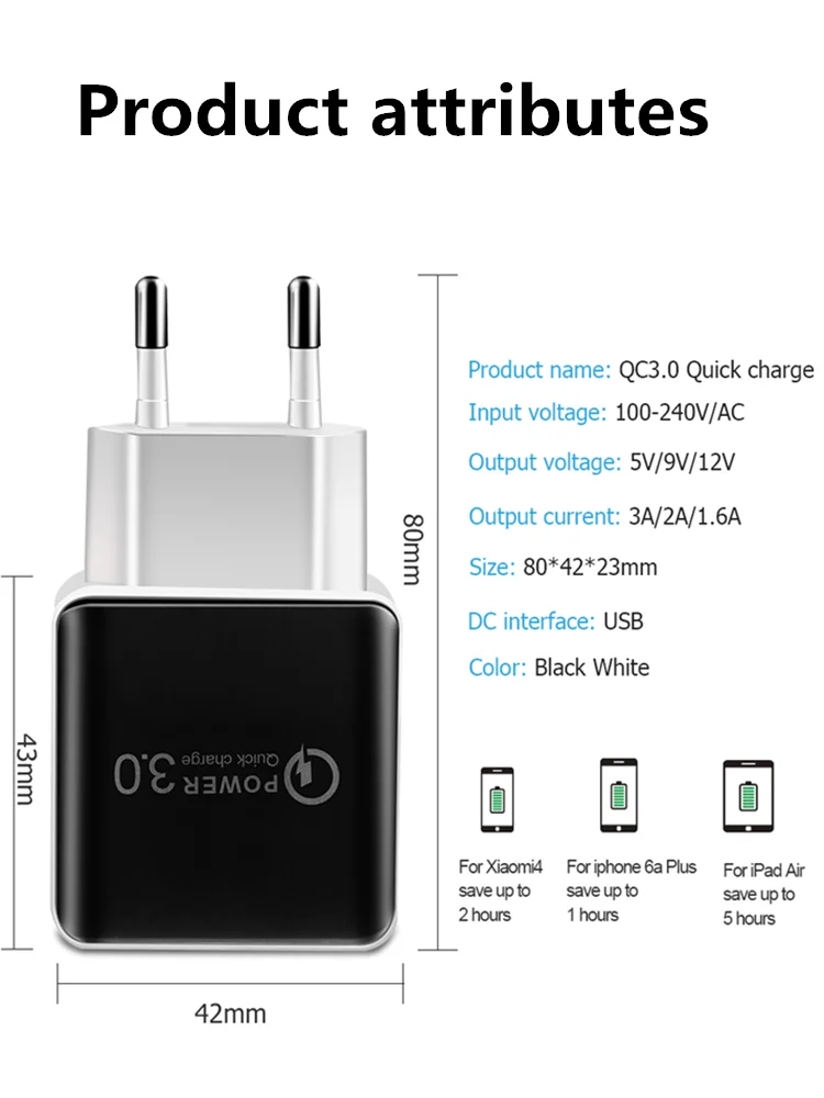 Зарядное устройство USB 3 А, быстрая зарядка QC 3,0, настенное зарядное устройство для мобильного телефона, зарядное устройство для iPhone Xiaomi Mi 9, планшета, iPad, штепсельная вилка европейского стандарта