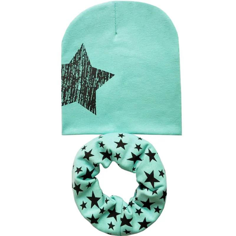 Green small star set Новая осенне-зимняя детская шапка, комплект для мальчиков и девочек, шарф на шею, весенний теплый шейный платок, детские вязаные шапки, комплекты, хлопковая детская шапка, шарф - Цвет: Green small star set