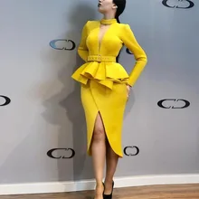 Женское желтое платье с длинным рукавом и оборками с поясом Лето элегантное женское вечернее платье vestido mujer