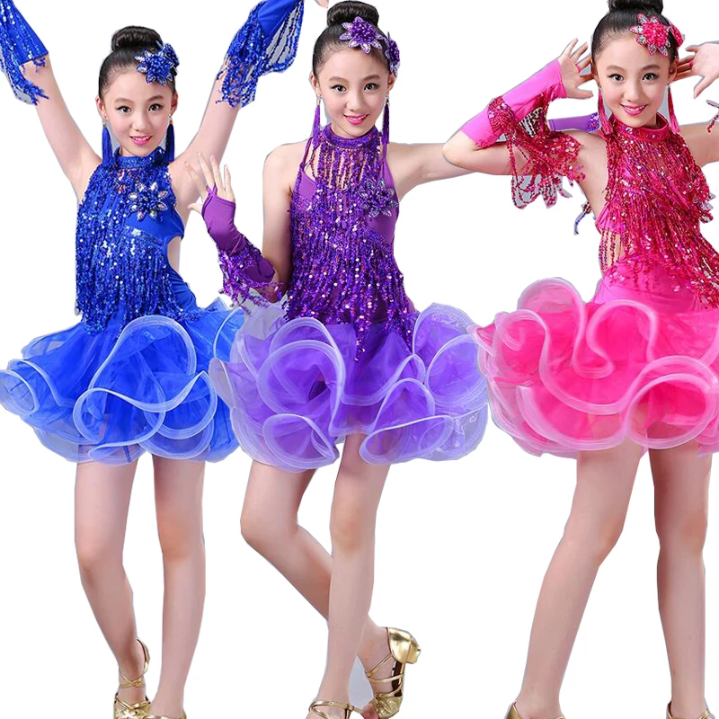 Платье для латинских танцев с блестками и кисточками для девочек; детская одежда для сцены; вечерние костюмы; платье для сальсы; костюмы с перчатками