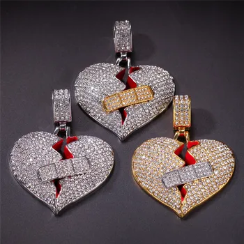 

Iced Out Broke Heart Band-Aid Pendant Rhinestone Pendant Necklace For Men Women Fashion Hip hop Jewelry