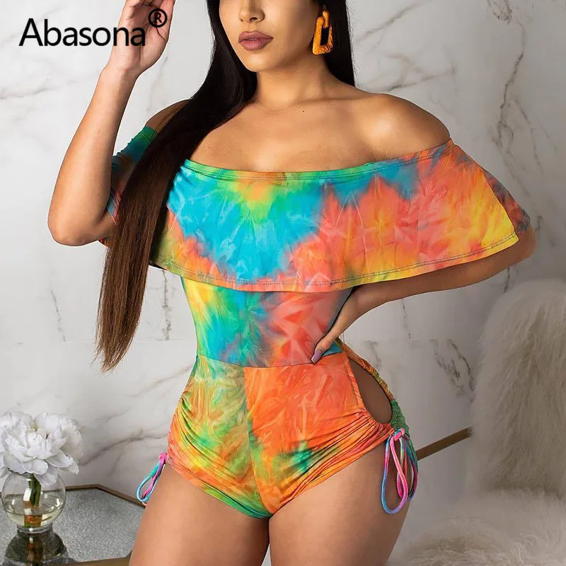 Abasona حمالة كشكش الدانتيل يصل مثير Bodycon Playsuits الصلبة الشاطئ داخلية الصيف نحيل Ruched رياضية وزرة للنساء