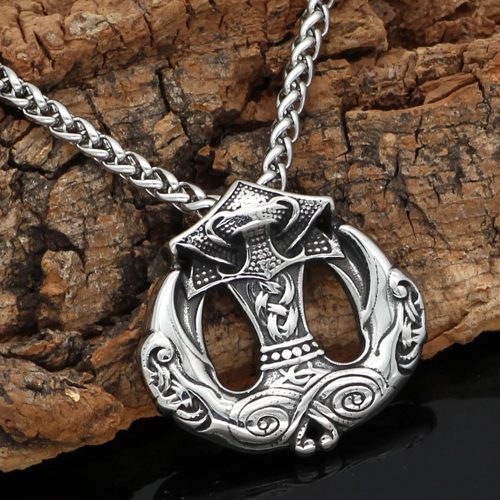 

Nordic viking odin raven thor hammer Mjolnir stainles steel pendant necklace
