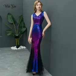 Weiyin Русалка V шеи вечернее платье платья vestido de festa Роскошные Синий Фиолетовый Длинные блесток официальная Вечеринка платье WY898