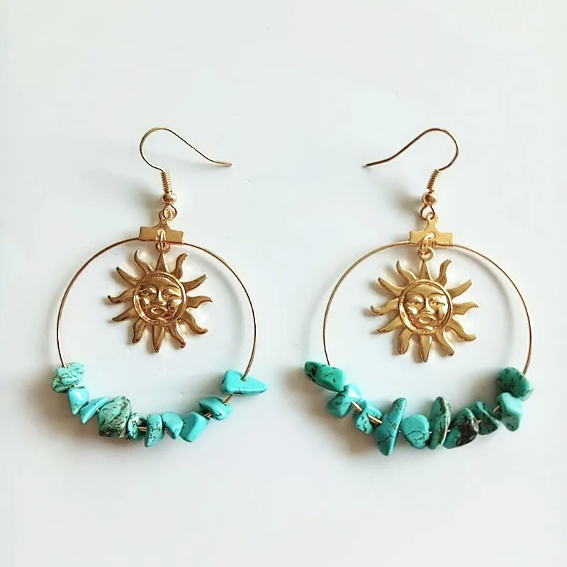 Bohemian Gold Sun Pendant Circle Drop Earring for Women Boho Cyan White Stone Beads Geometric Earrings Fashion Party Jewellery | Украшения