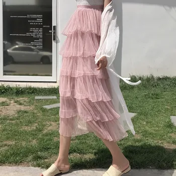 

2018 spring new sweet fresh solid color cascading ruffles pearl mesh high waist pleated mid cake skirt