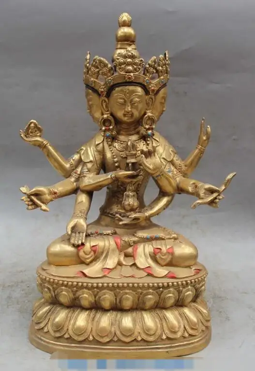 

S4027 16" Tibetan Bronze Painting 3 Head 8 Arms Ushnishavijaya Namgyalma Buddha Statue