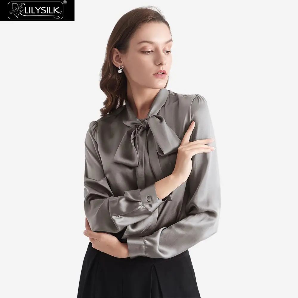 LilySilk блуза шелковая с галстуком-бабочкой на шее Женская Новинка - Цвет: Dark Gray