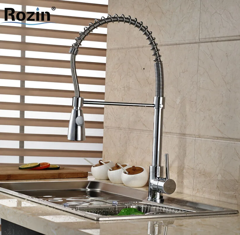 

Polished Chrome Spring Kitchen Mixer Water Faucet Deck Mount Pull Down Kitchen Sink Hot and Cold Tap Single Lever