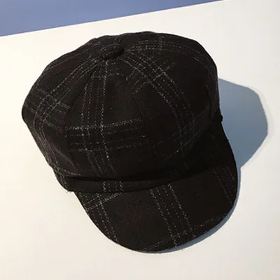 Британский винтажный берет, шерстяная восьмиугольная шапка, Женская Студенческая осенняя и зимняя теплая клетчатая кепка, Повседневная шапка - Цвет: black