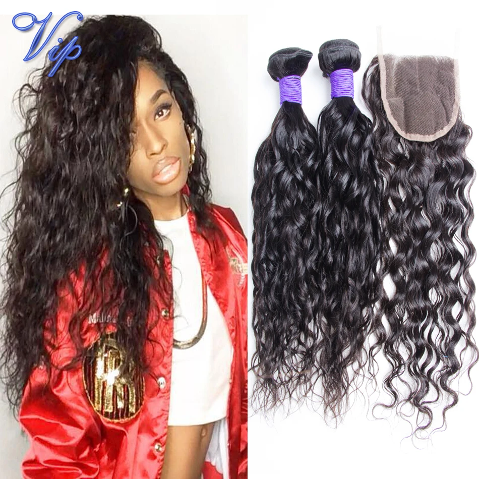 VIP Beauty Hair Brazilian Virgin Hair Water Wave With Lace Closure Unprocessed Brazilian Water Wave Lace Closure With Bundles
