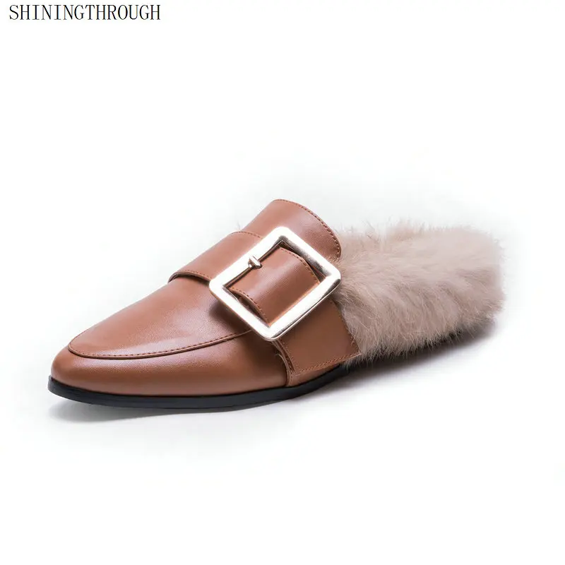 

New women mules slippers genuine leather cow leather solid metal decoration floral inside low flat with women slippers