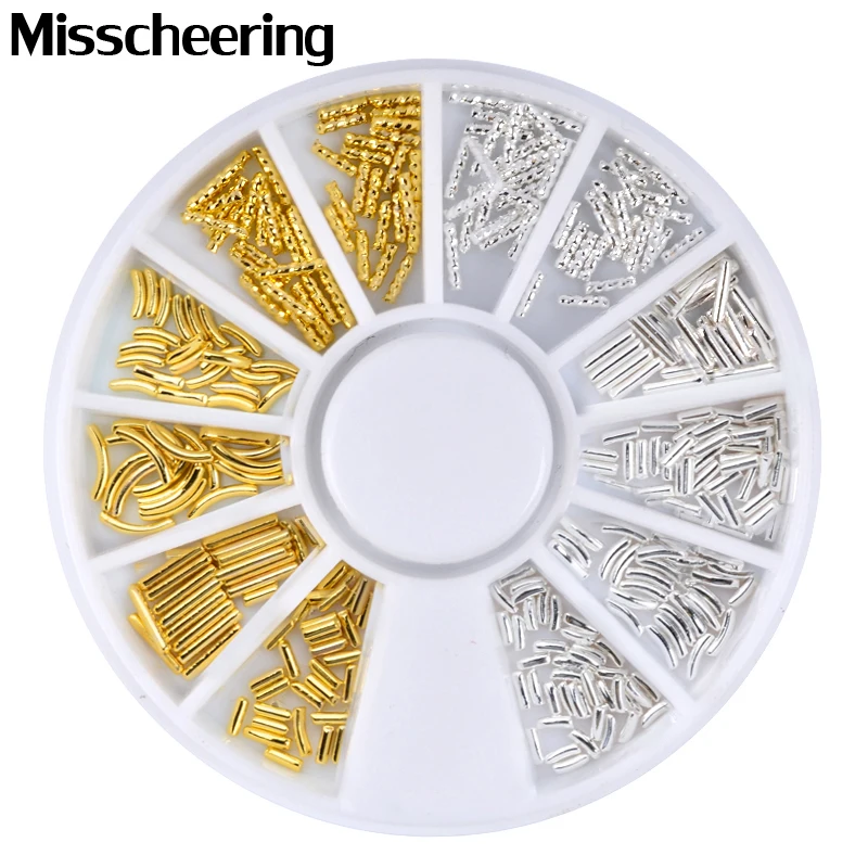 

1 Box Gold Silver Metal Rods Nail Art Decorations Wheels Straight Curve Design Charm 3d Nail Studs Manicure Accessories