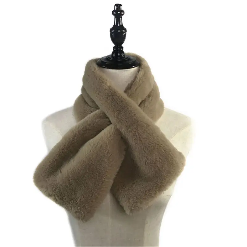 Женский зимний плотный плюшевый шарф из искусственного кроличьего меха, однотонный карамельный цвет, воротник, шаль для шеи, теплые болеро, вязаный шейный платок, Длинная накидка