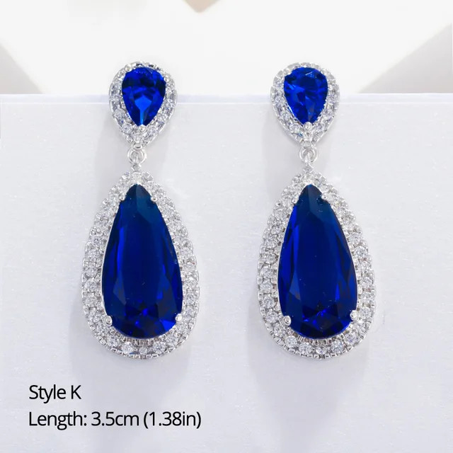 BeaQueen Leaf Flower Teardrop Cubic Zircon Royal Jewellery Big Dark Blue CZ Crystal Long Dangle Wedding Earrings for Women E293 Style K