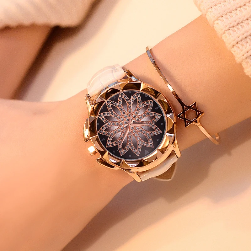 

Luxury Brand Gold Watches for Women Starry Rhinestone Dress Quartz Watches Ladies Creative Wristwatch Leather Strap Crystal Hour
