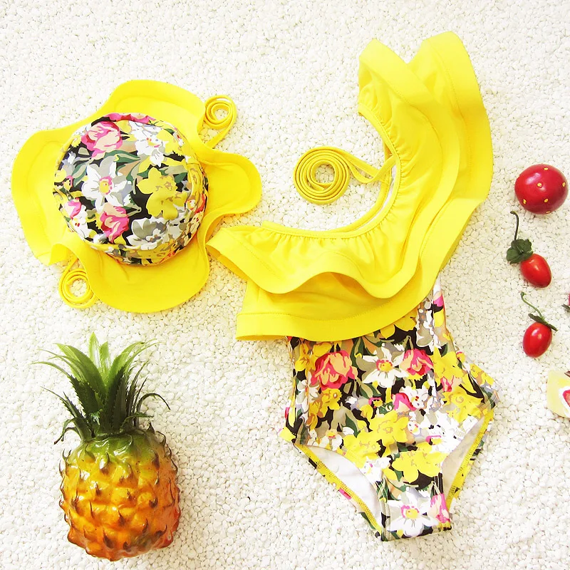 Детская Купальник, Желтый Цветочный Цельный с Панама, пляжная одежда для девочек, пляжный и купальный костюм, высокое качество, для детей, для плавания