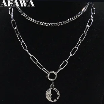 

2020 Fashion Stainless Steel Punk Moon Star Necklace Women Silver Color Layered Necklaces Pendants Jewelry gargantilla N19175