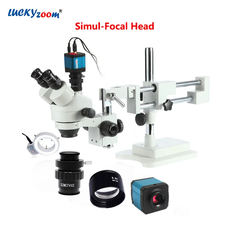 Lucky Zoom Brand Professional Complete 3.5X-45X Simul-Focal Trinocular Microscope Double Boom Stand Microscope 14MP Cmaera 144 Ring Light Microscopio Set