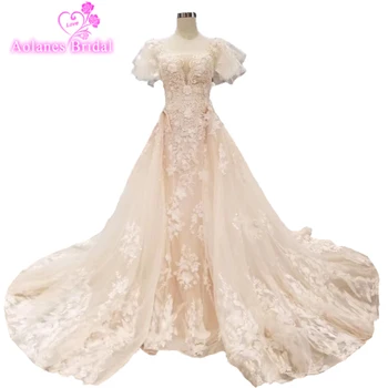 

2019 Champagne Pink Lace Long Sleeves Mermaid Wedding Dress With Detachable Train 3d Flowers Appliques Overskirt Bridal Gowns