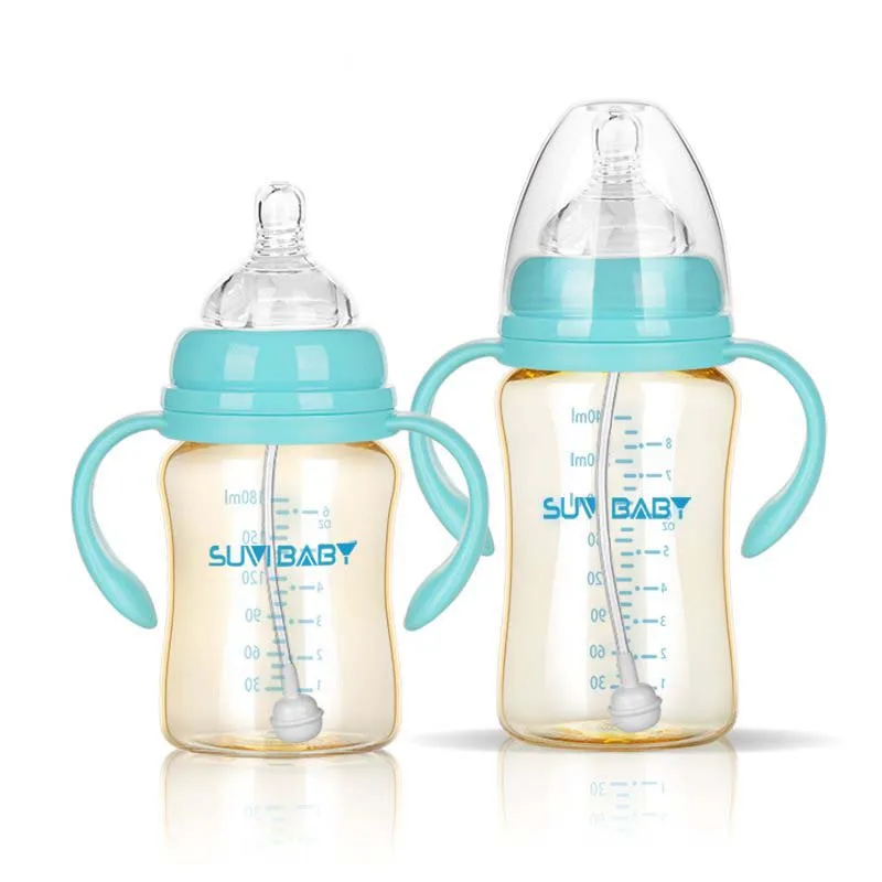 

240ml/320ml Baby Feeding Bottle Newborn Width Mouth Silicone Cover Straw Drinking Milk Bottle Infant Nursing Product with Handle