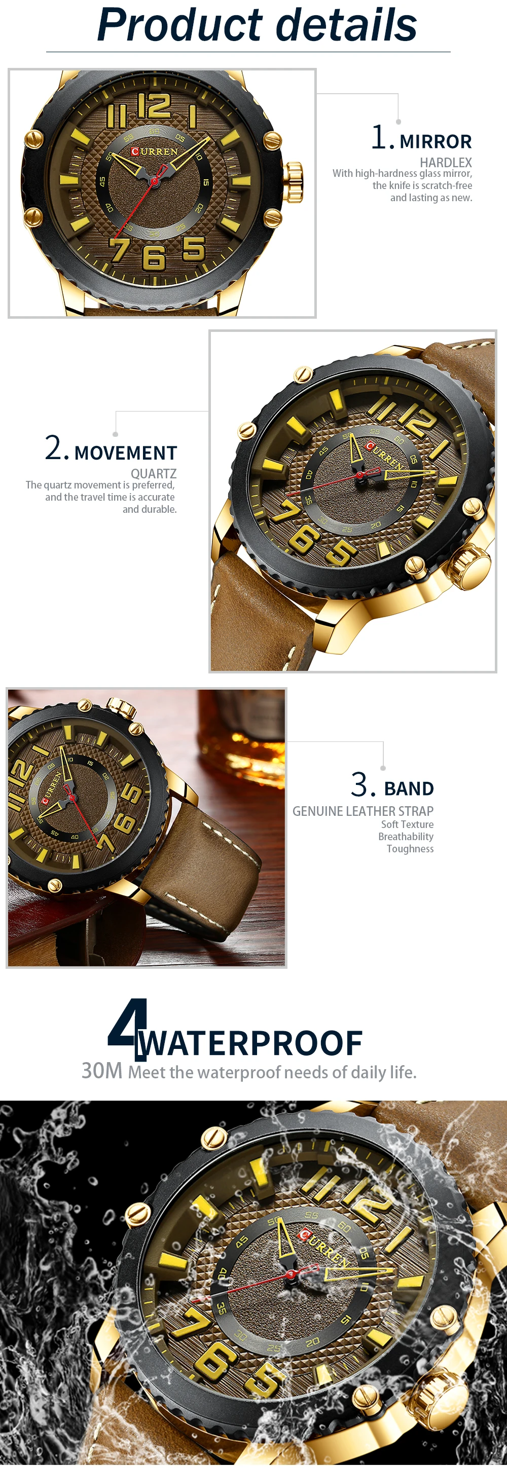 CURREN спортивные золотые мужские часы водонепроницаемые аналоговые мужские коричневые кожаные Наручные часы, кварцевые часы Montre Homme Relojes Hombre