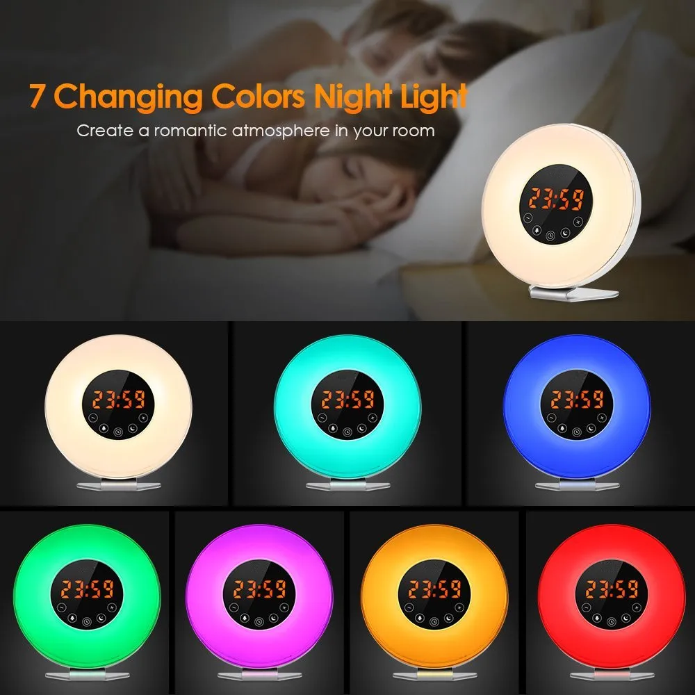 

Wake Up Light Alarm Clock Sunrise/Sunset Simulation Digital Clock with FM Radio 7 Colors Light Sounds Function Touch Control