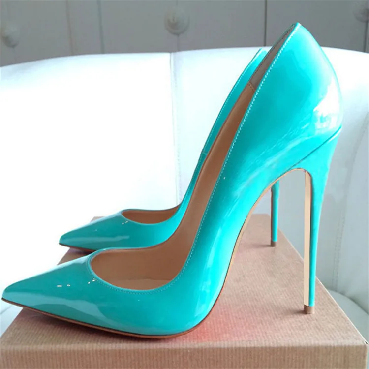 2019 Spring Newest Sky Blue Patent Leather High Heels Girls Pointed Toe Sexy Pumps Big Size 42 Thin Heels Woman Shoe