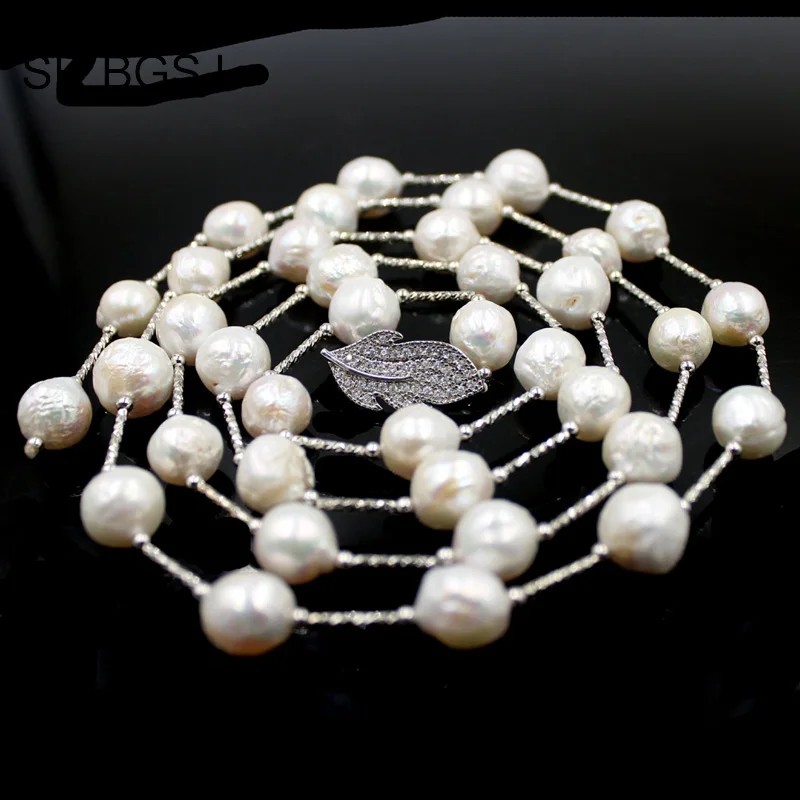 Free Shipping White Edsion FW Pearl Beads Brass Drop Leaf Rope Sweater Necklace 9 10mm 36&quot| |