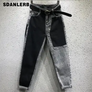 

2019 spring fashion women AB face stitching jeans feet harem pants ankle length plus size 26-31!