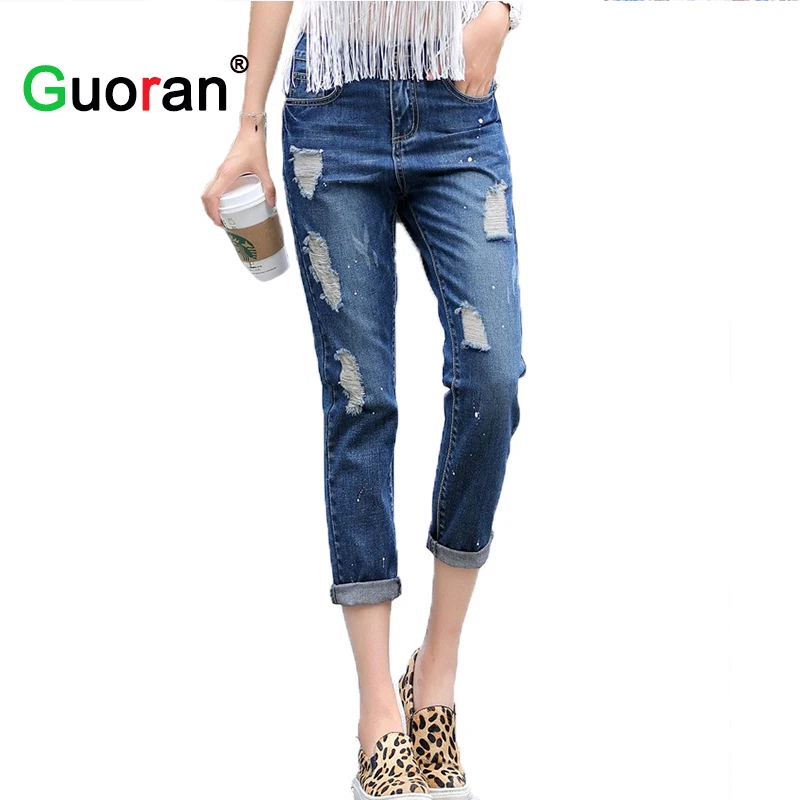 

{Guoran} washed boyfriend free jeans for women harem style size 25-32 jeans with holes in the knees ladies free shipping