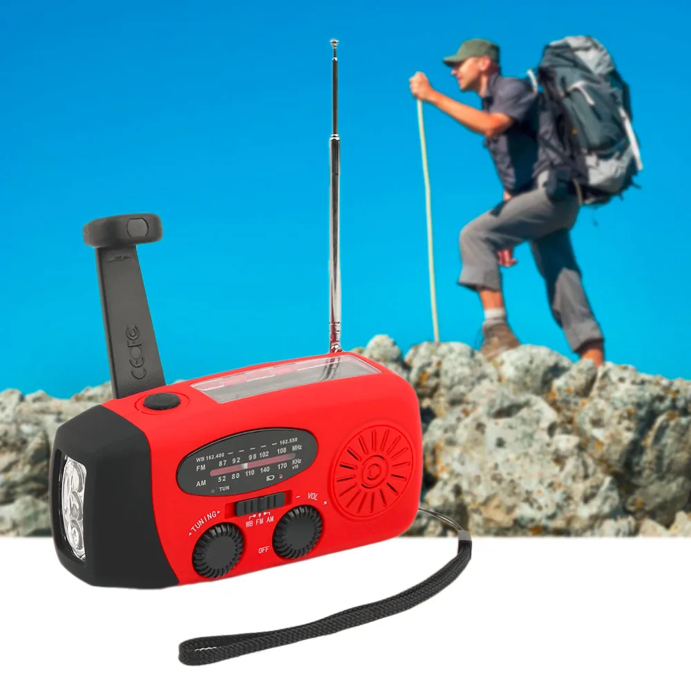 Protable Radio 3 in 1 Emergency Charger Hand Crank Generator Wind/Solar/Dynamo Powered FM/AM/WB Radio LED Flashlight Waterproof