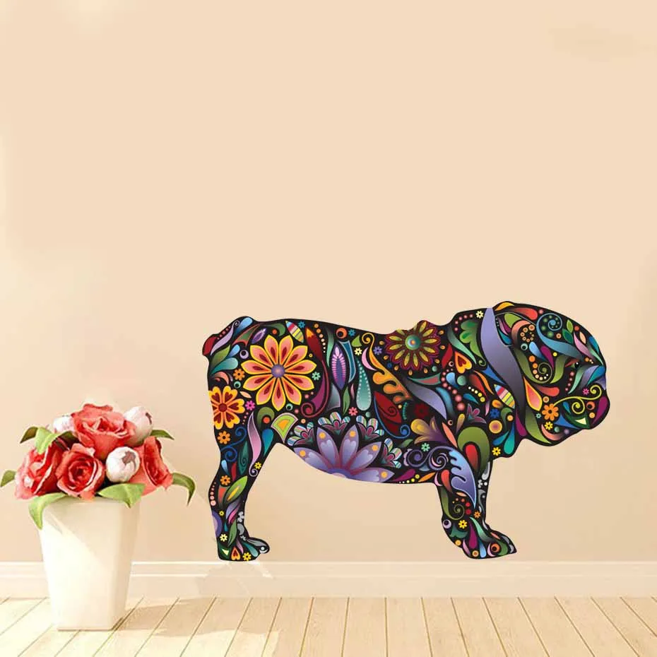 Английский бульдог наклейка с собакой яркий цветочный узор, стикеры для домашнего декора, Гостиная Wall Art Mural самоклеящиеся обои