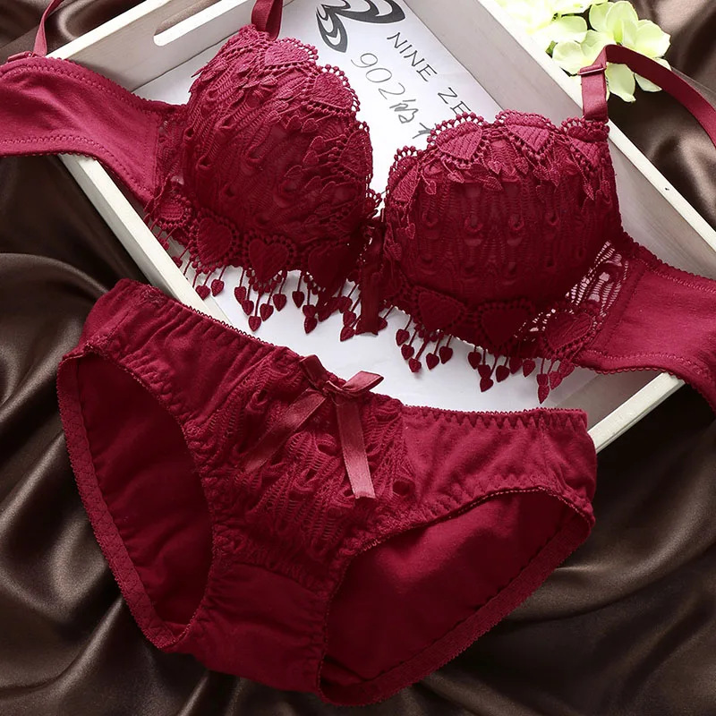 sexy lace tassle lingerie bra set - red